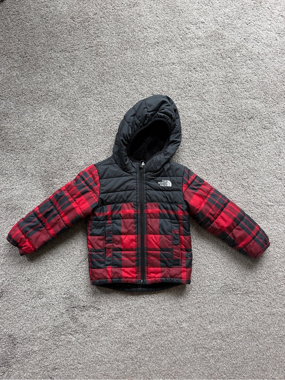 The North Face Toddler Hooded Plaid Puffer Jacket - Red & Black
